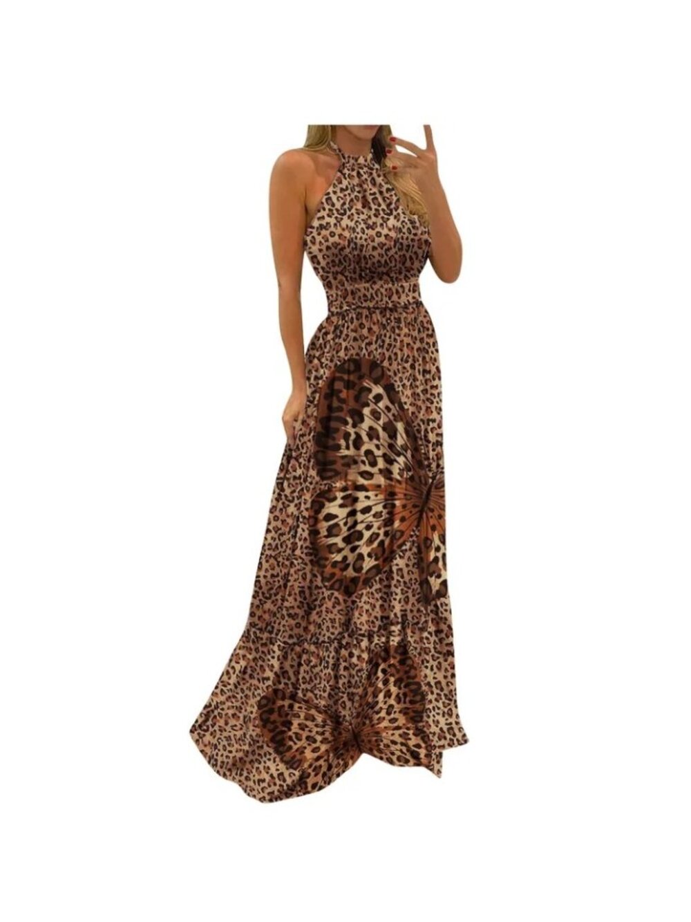 NEW Leopard M Print Boho Halter Maxi Dress Butterfly Detail Sleeveless